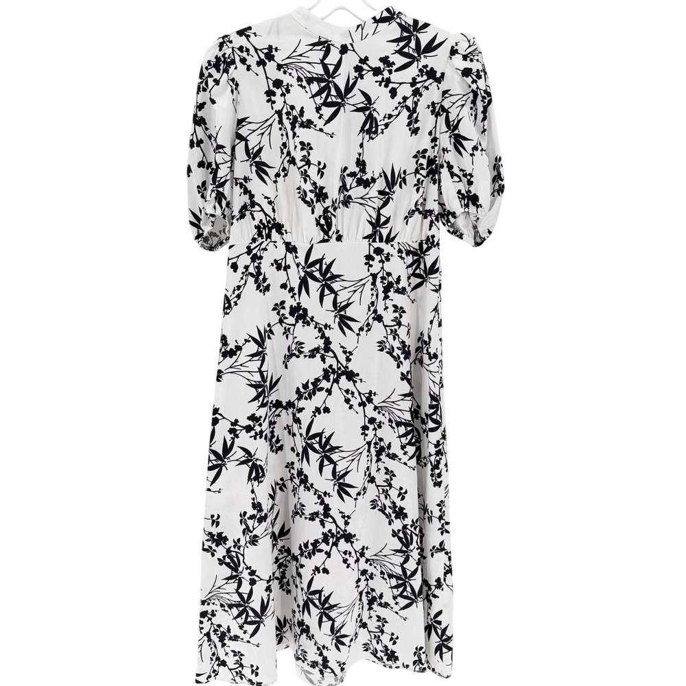 ZARA Floral Print Cut Out Midi Dress White Black Puff Sleeve Open Back XL